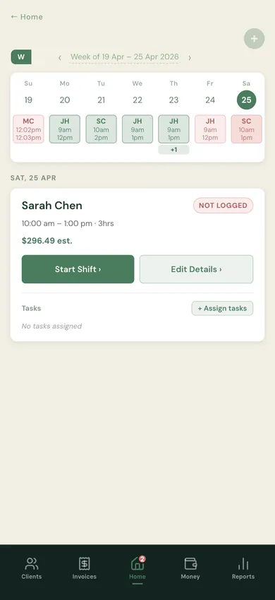 Timeline roster screen showing a week of shifts