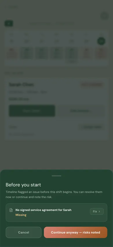 Compliance gate screen blocking a shift start