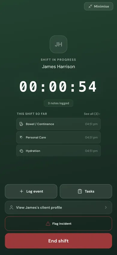 Active shift main screen with running timer