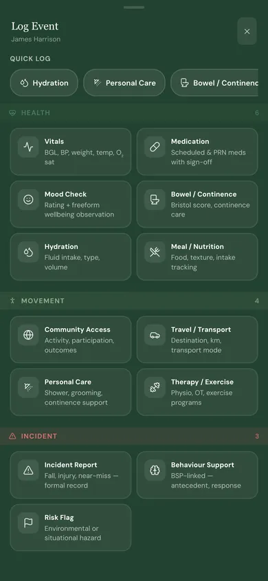 Event log tab during an active shift