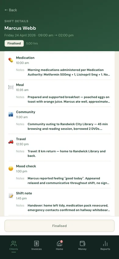 Shift details screen showing event log history