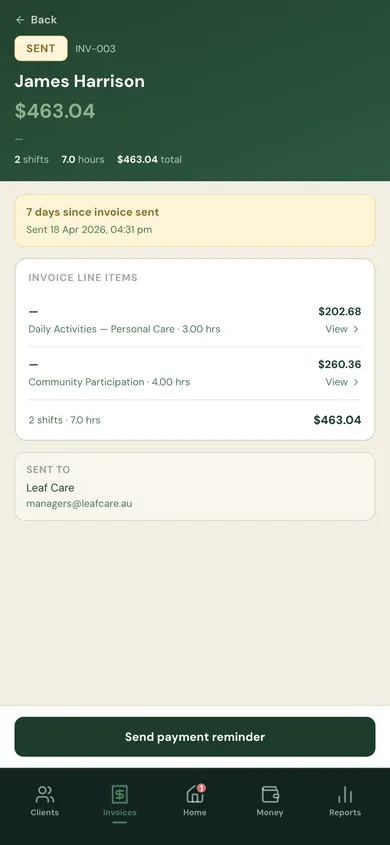 Overdue invoices list with amounts and days outstanding