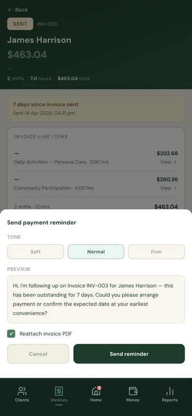 Payment reminder email drafted in one tap