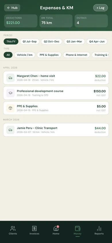 Expenses and kilometre tracker screen